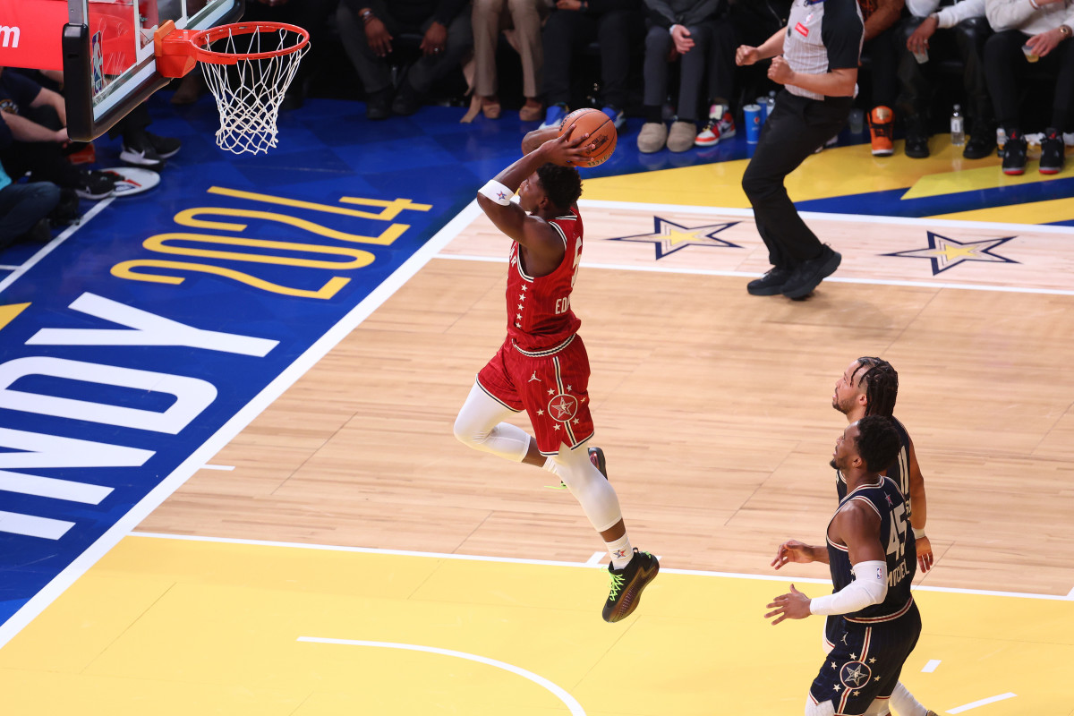 Feb 18, 2024; Indianapolis, Indiana, USA; Western Conference guard Anthony Edwards (5) of the Minnesota Timberwolves shoots the ball against the Eastern Conference All-Stars during the first quarter in the 73rd NBA All Star game at Gainbridge Fieldhouse.